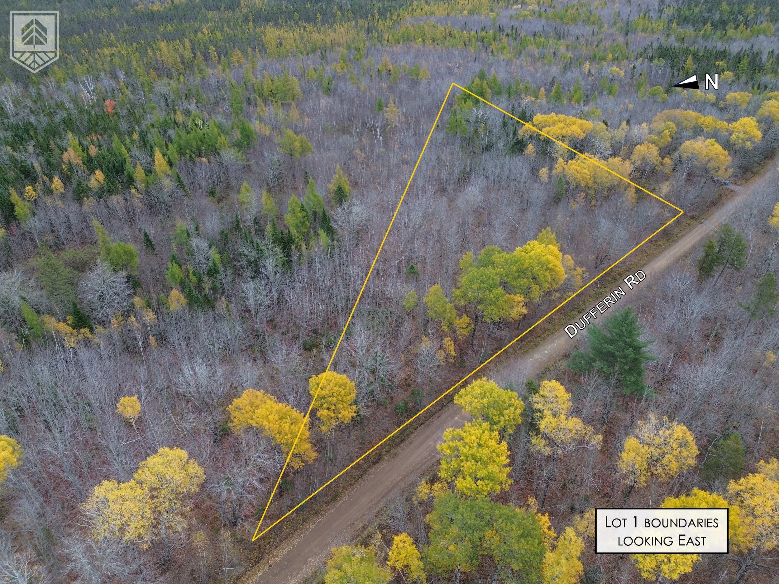 Aerial view of a wooded lot with trees in fall colors, outlined with yellow boundaries, adjacent to Dufferin Road, with a dirt road running along the lot's edge and a mix of green and leafless trees. A compass rose indicates the lot is looking east.