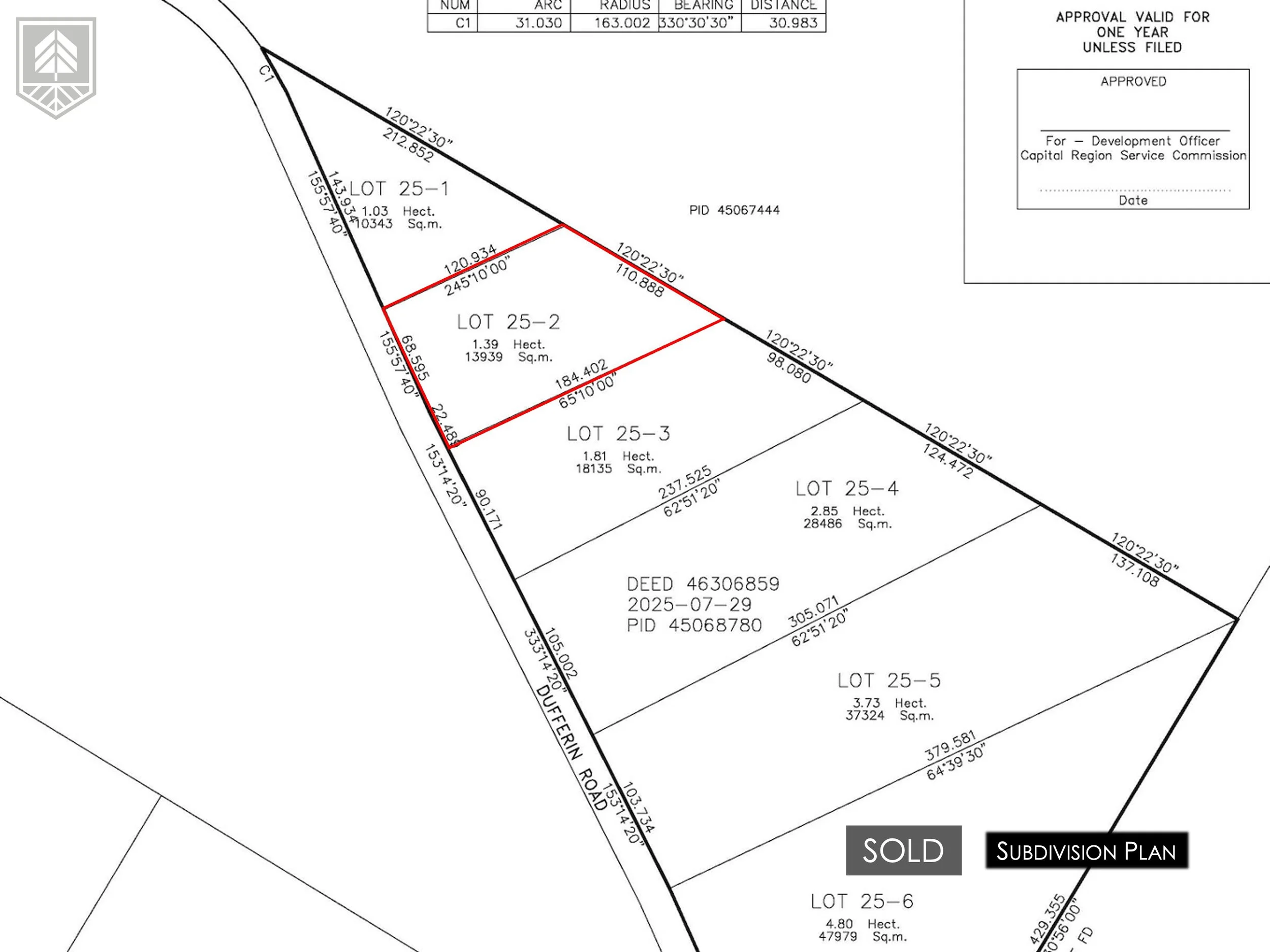 Detailed subdivision plan showing multiple lots with specific measurements and boundaries, including lots 25-1 through 25-6, some marked as sold, with a road running along the left side.