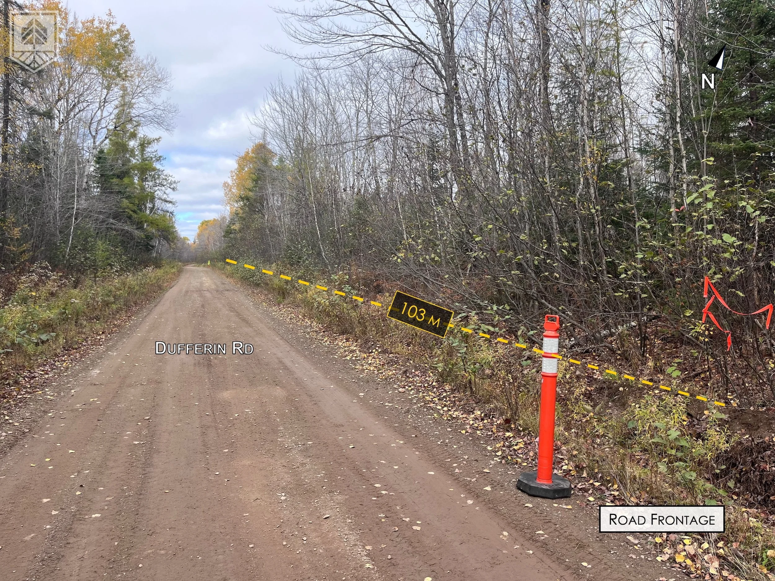 A dirt road labeled Dufferin Road runs through a wooded area with mostly leafless trees. A construction cone with a red strap is near the right side of the road. A yellow dashed line with a label indicating a distance of 103 meters is along the edge 