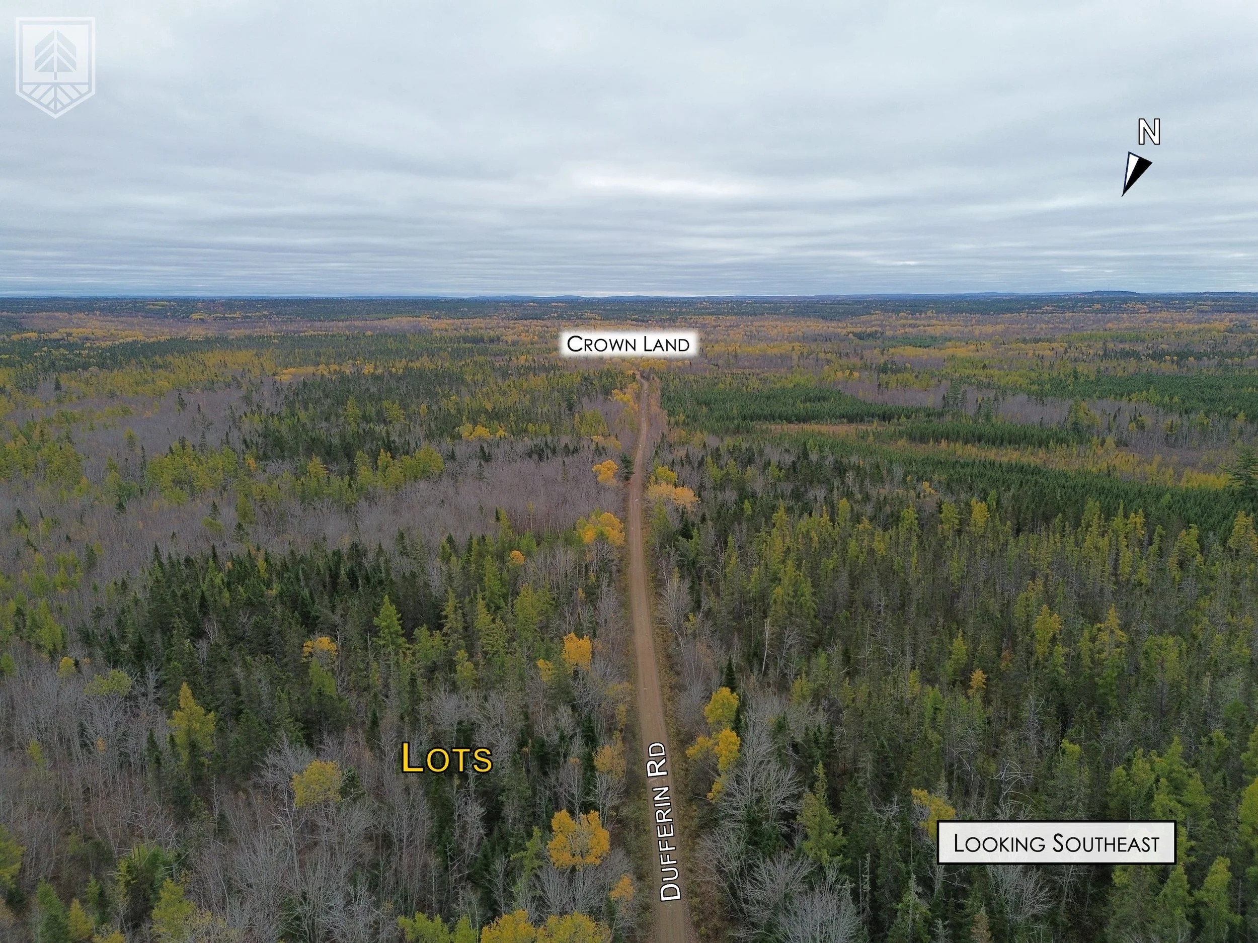 An aerial view of a forested area with a dirt road labeled 'Dufferin Rd' running through it. The areas are marked 'Lots' on the left side, and 'Crown Land' is visible further in the distance. The sky is overcast, and the image is labeled 'Looking Sou