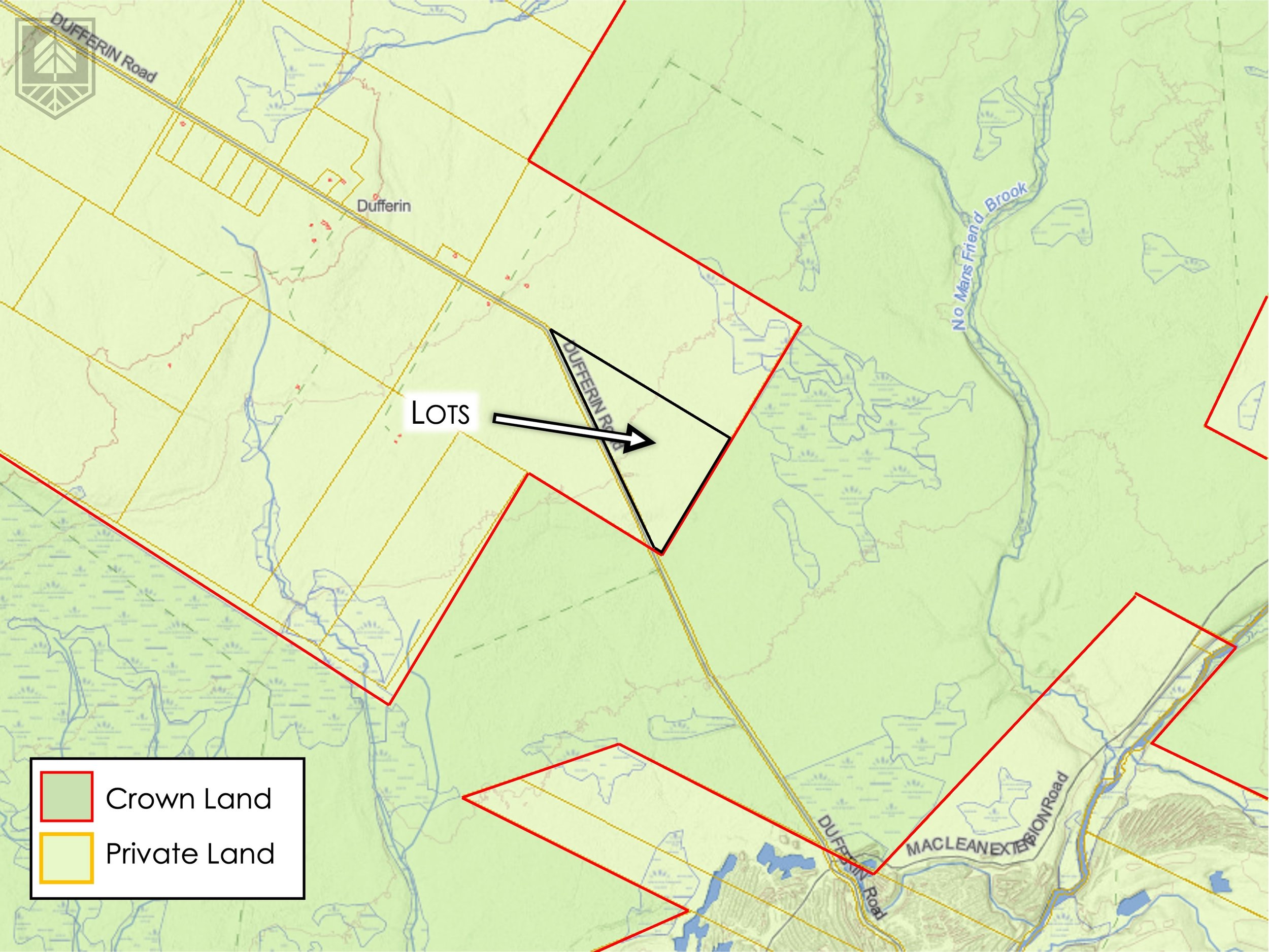 Map showing Crown Land outlined in red and Private Land outlined in yellow. An arrow points to a section labeled 'LOTS' near Dufferin Road and Dufferin River, with water features and roads in the surrounding area.