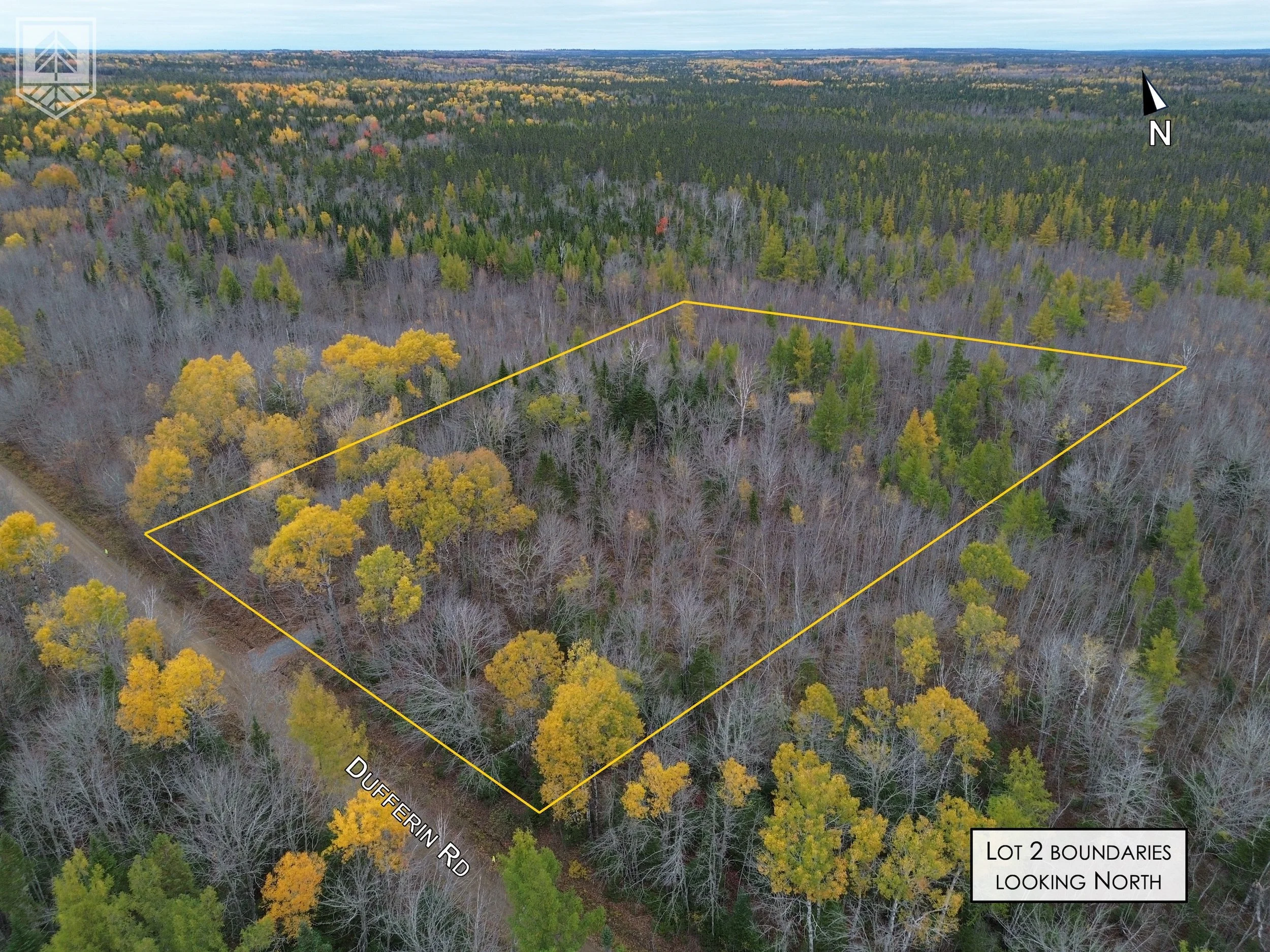 Aerial view of a wooded lot outlined in yellow, with Dufferin Road on the left side. There's a mix of trees with yellow, green, and bare branches, indicating fall or late autumn. The landscape extends into a dense forest under a partly cloudy sky.
