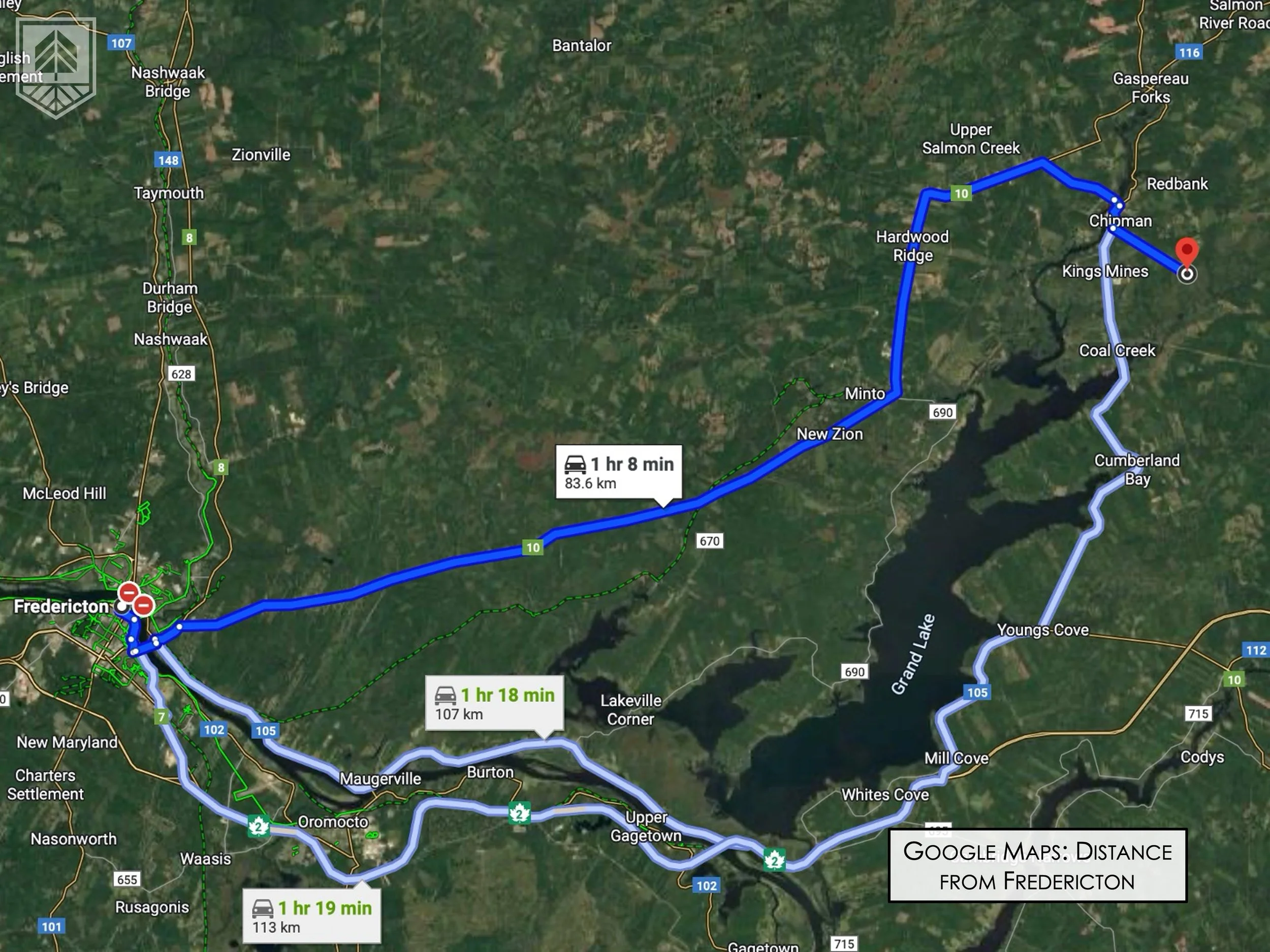 Map showing various routes and distances from Fredericton, including a highlighted route to Chipman.
