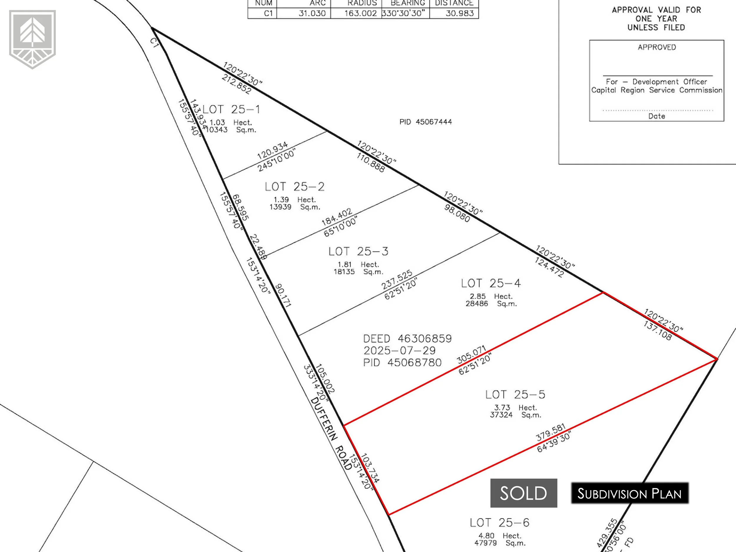 A subdivision plan showing multiple land plots with details such as lot numbers, areas in hectares and square meters, boundary lengths, and angles. The plot labeled LOT 25-5 is highlighted in red, with a label indicating it is sold. Adjacent plots in