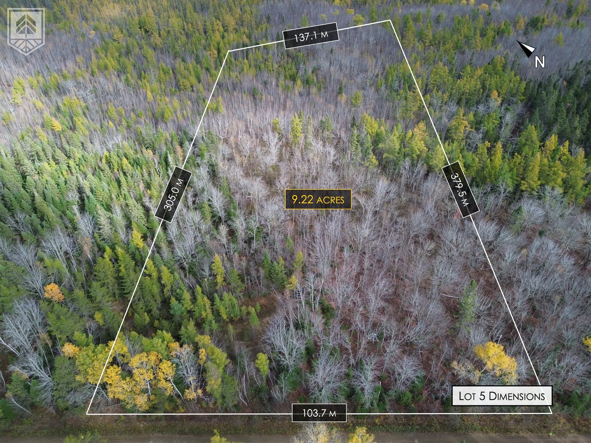 Aerial view of a wooded lot measuring approximately 9.22 acres, with property boundary lines and dimensions marked. Surrounding forest shows a mix of green and leafless trees, indicating a seasonal change. Directions and measurements are annotated on