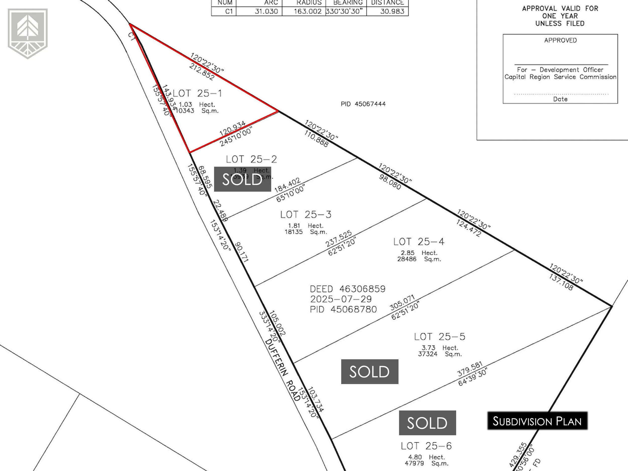 Subdivision plan showing multiple lots with lot numbers, dimensions, and area in hectares and square meters. Several lots are marked SOLD, and one lot is outlined in red. The plan includes labels, boundary lines, and road names.