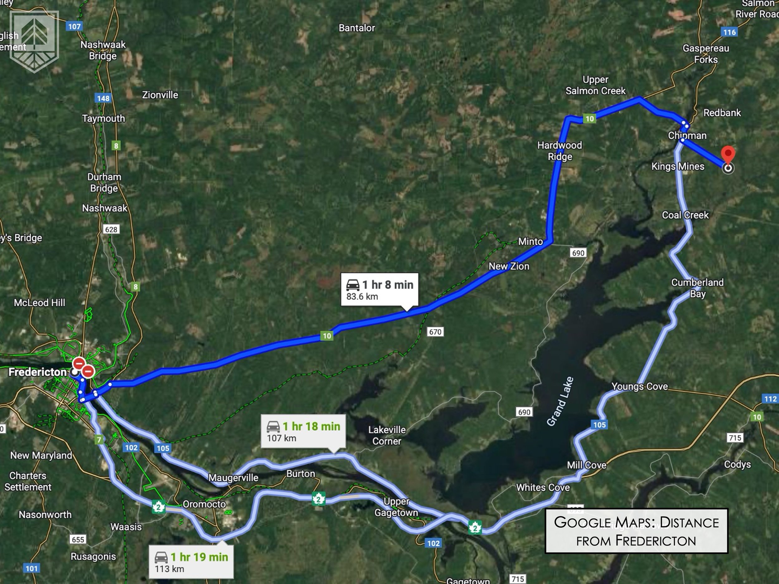 Map showing multiple routes from Fredericton to various locations, with one route highlighted in blue. The map includes labels for towns and highways, with travel times and distances.