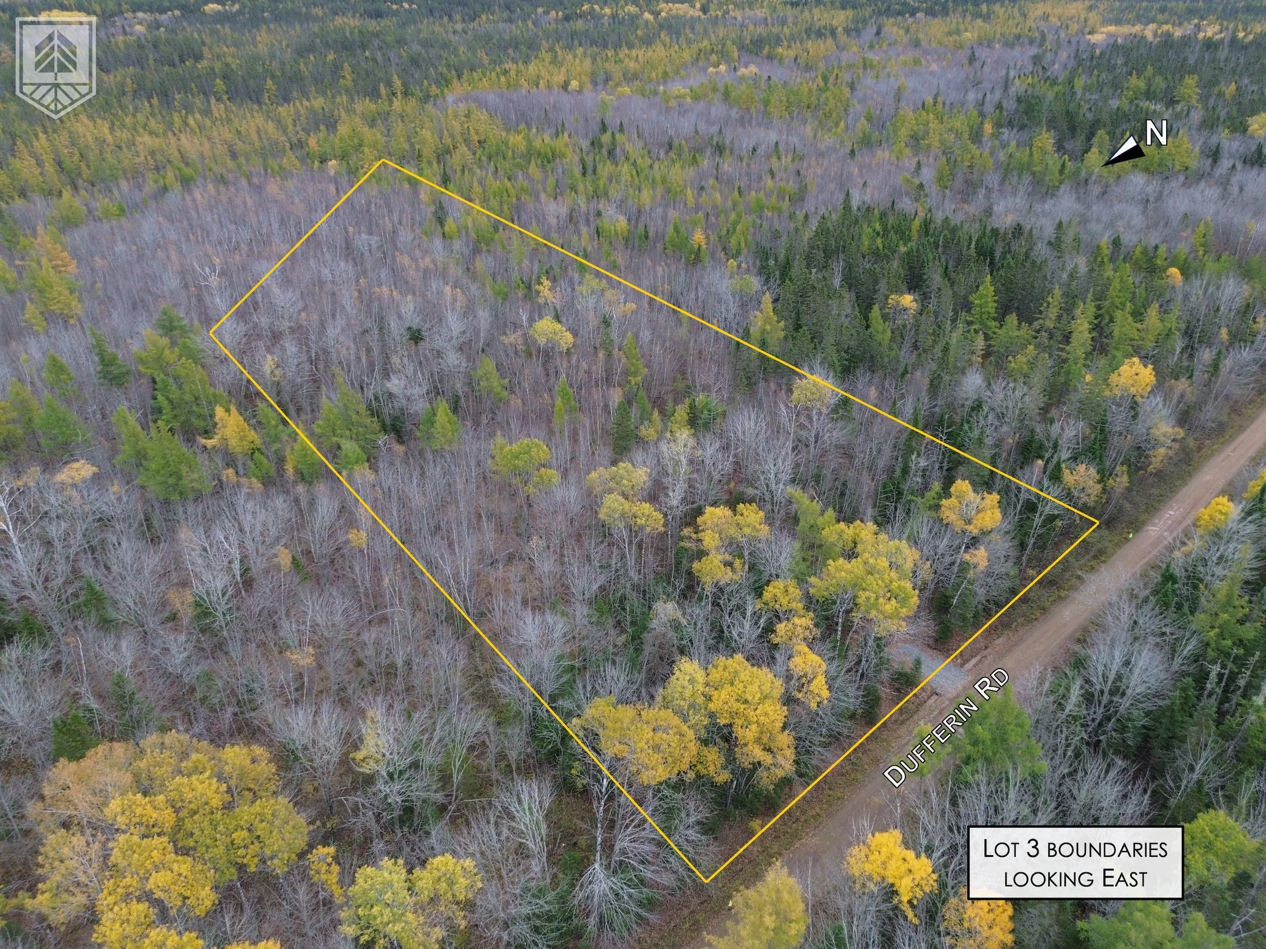 Aerial view of a wooded lot with a yellow boundary outline, adjacent to Dufferin Road, with deciduous and evergreen trees during late fall, looking east.