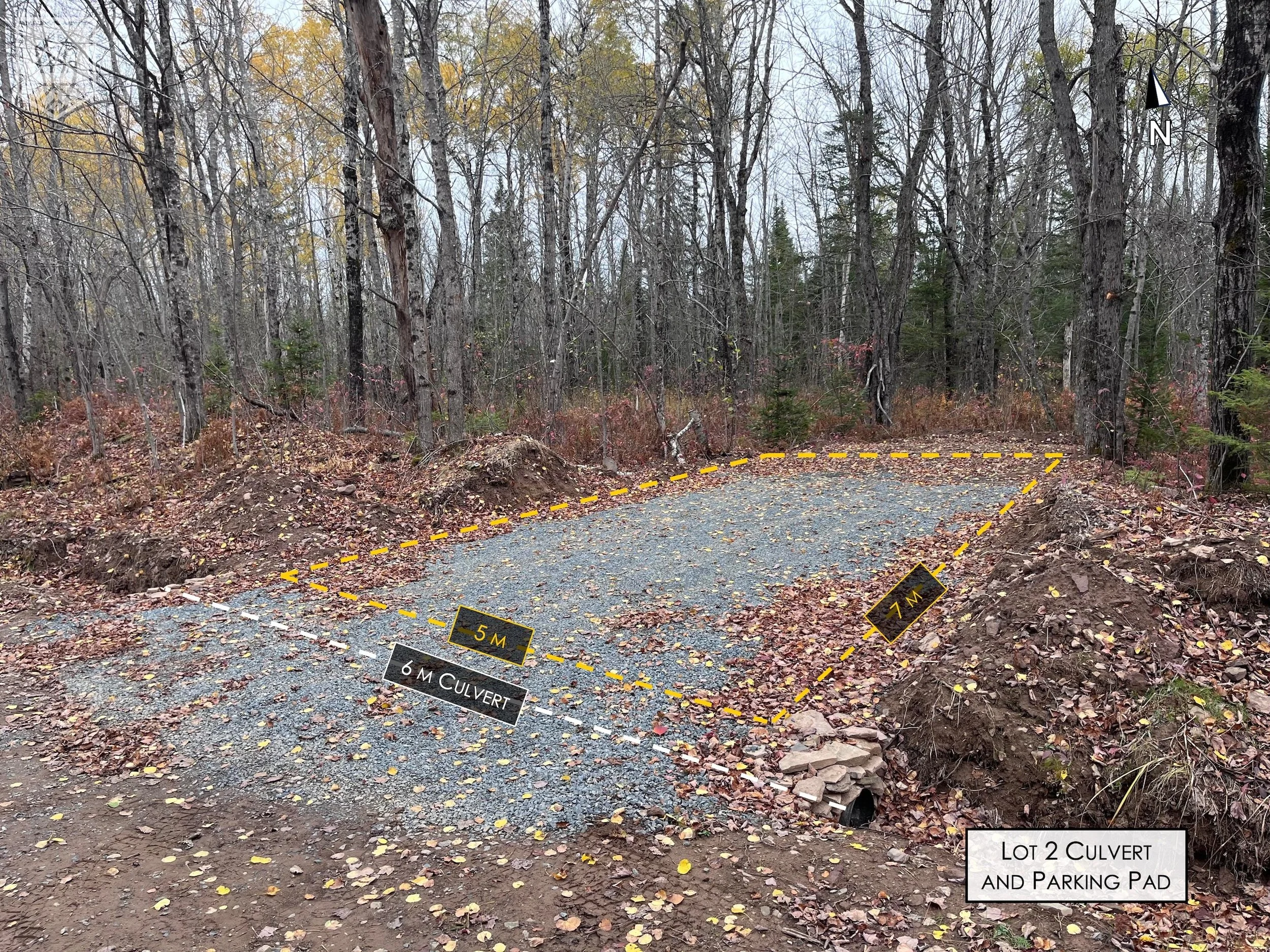 A gravel parking lot in a wooded area with a culvert and space for parking, marked with yellow dashed lines and labels indicating measurements of 5 meters and 7 meters.