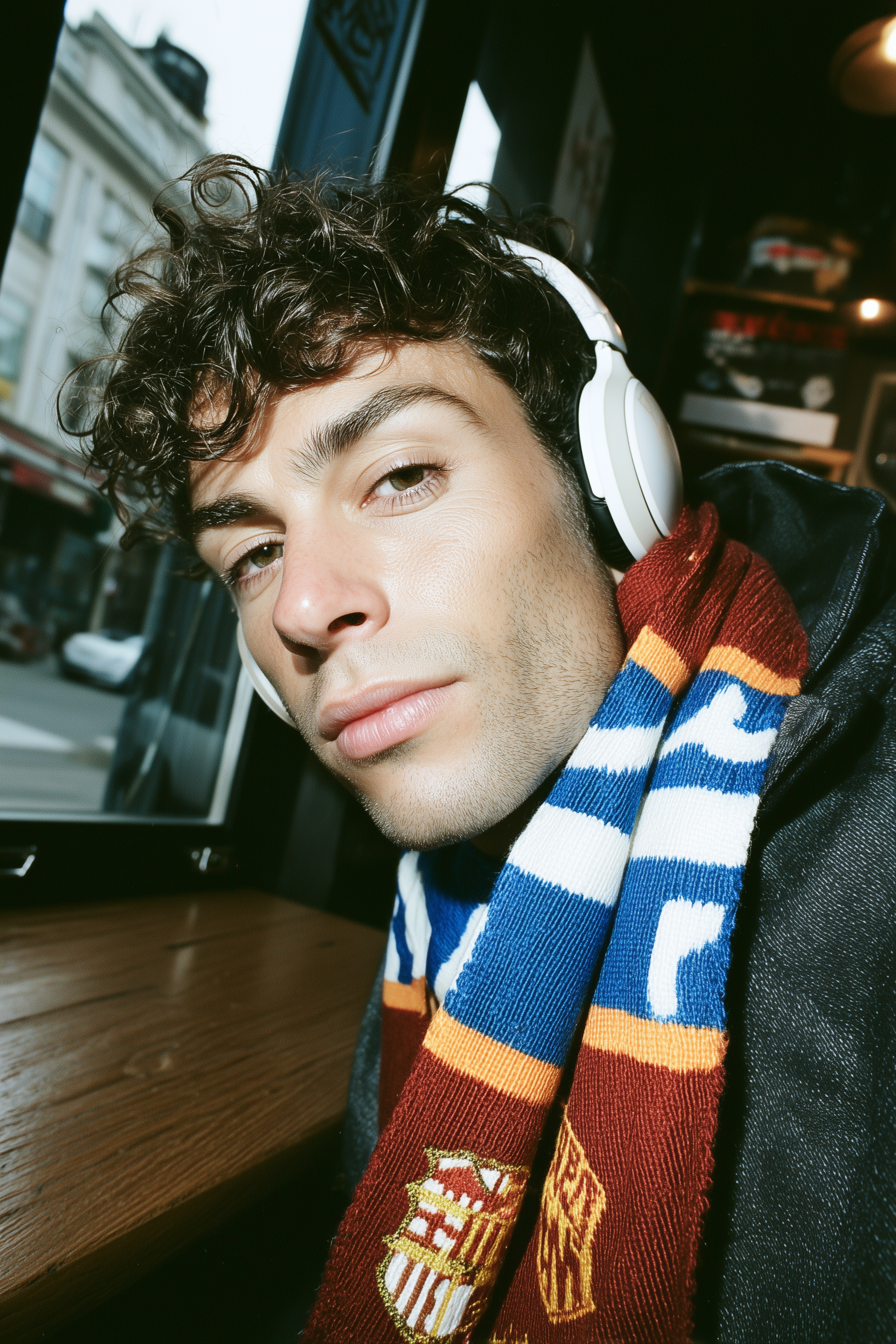 A young man with curly brown hair and light skin wearing white headphones and a colorful striped scarf inside a bus or train, with an urban cityscape visible through the window behind him.