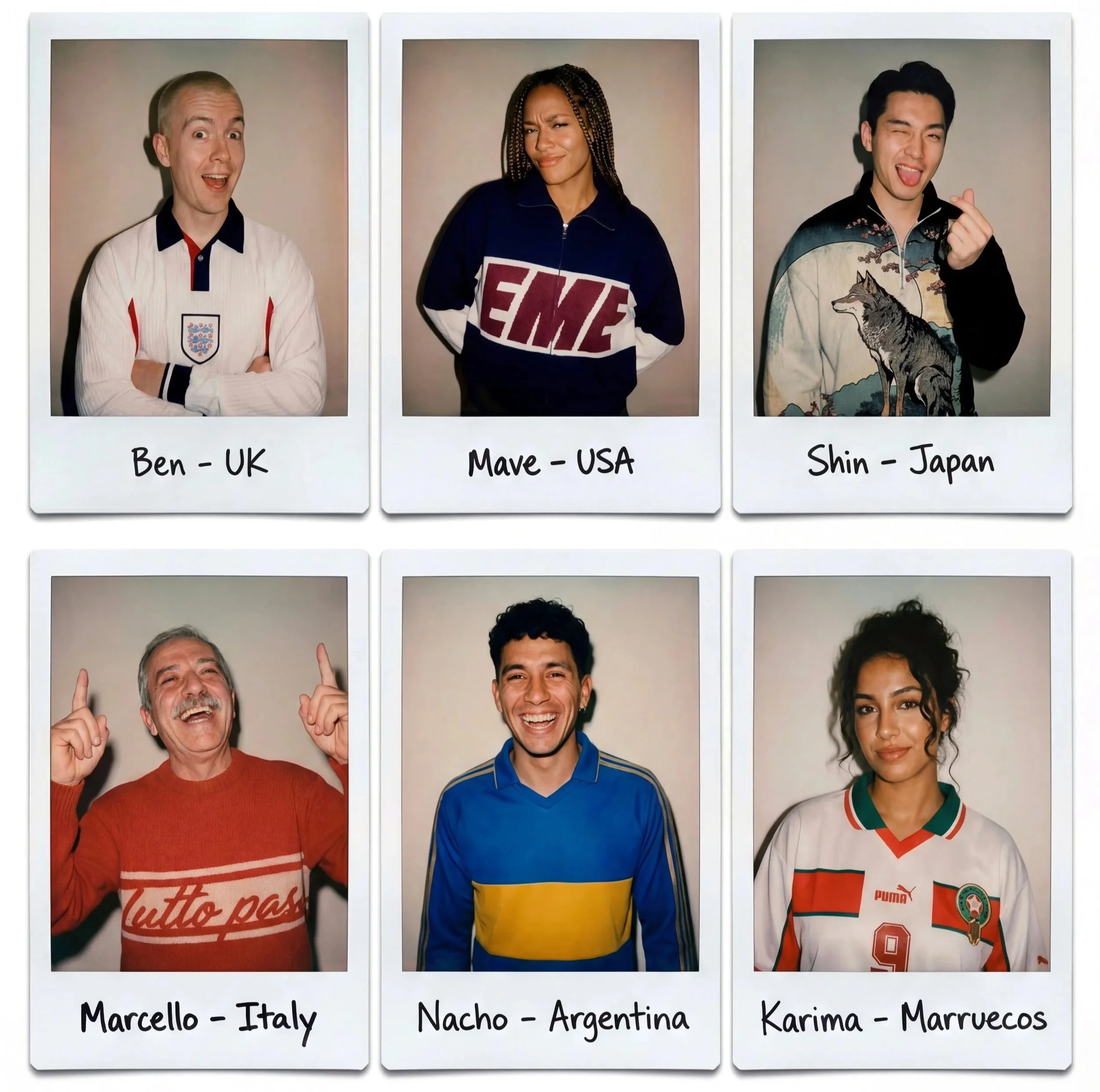 Polaroid photos of people with their names and countries written underneath. Top row: Ben from the UK, Mave from the USA, Shin from Japan. Bottom row: Marcello from Italy, Nacho from Argentina, Karima from Morocco.