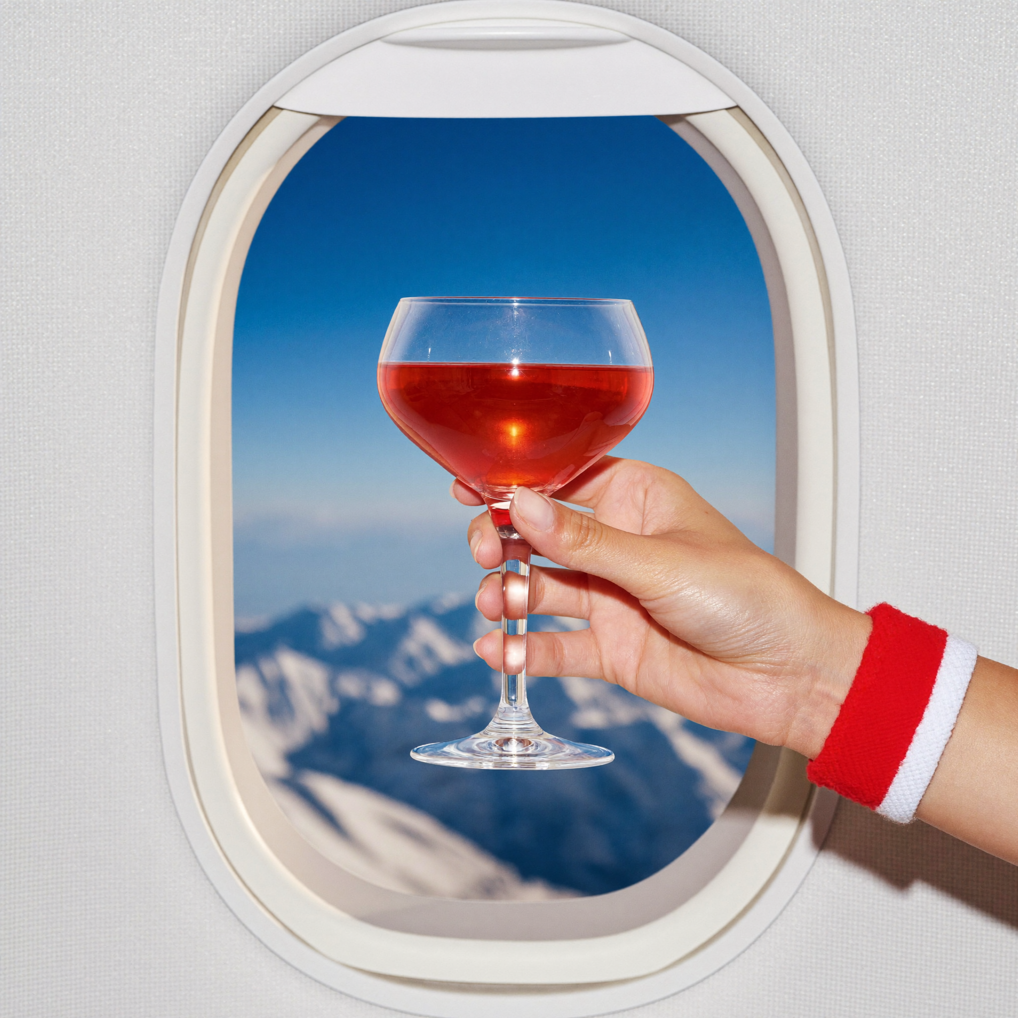 A person holds a glass of red wine outside an airplane window with snow-capped mountains in the background.