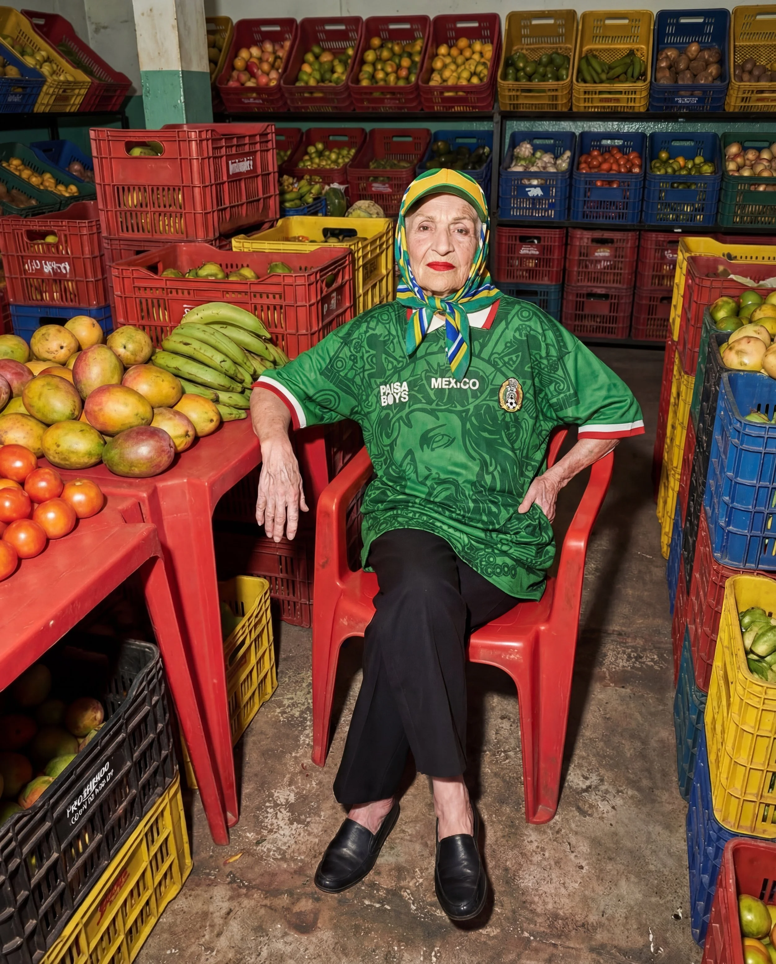 An elderly woman sitting on a red plastic chair in a marketplace surrounded by crates of apples, bananas, and other fruits. She wears a green dress with Mexican cultural designs and a colorful headscarf. Her expression is serious.