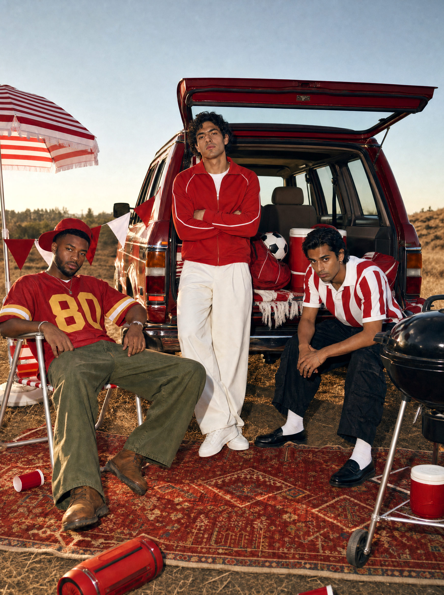 Three young men are posing near the back of a red SUV that is parked on a field. The man in the center is standing with arms crossed, wearing a red jacket and white pants. The man on the left is sitting in a lounge chair, wearing a red sports jersey and a red cap, with a red cup nearby. The man on the right is crouching, wearing a red-and-white striped shirt and black pants. There are red and white party decorations, a red rug, a red portable speaker, and a red cooler among the items around them, suggesting a casual outdoor gathering.