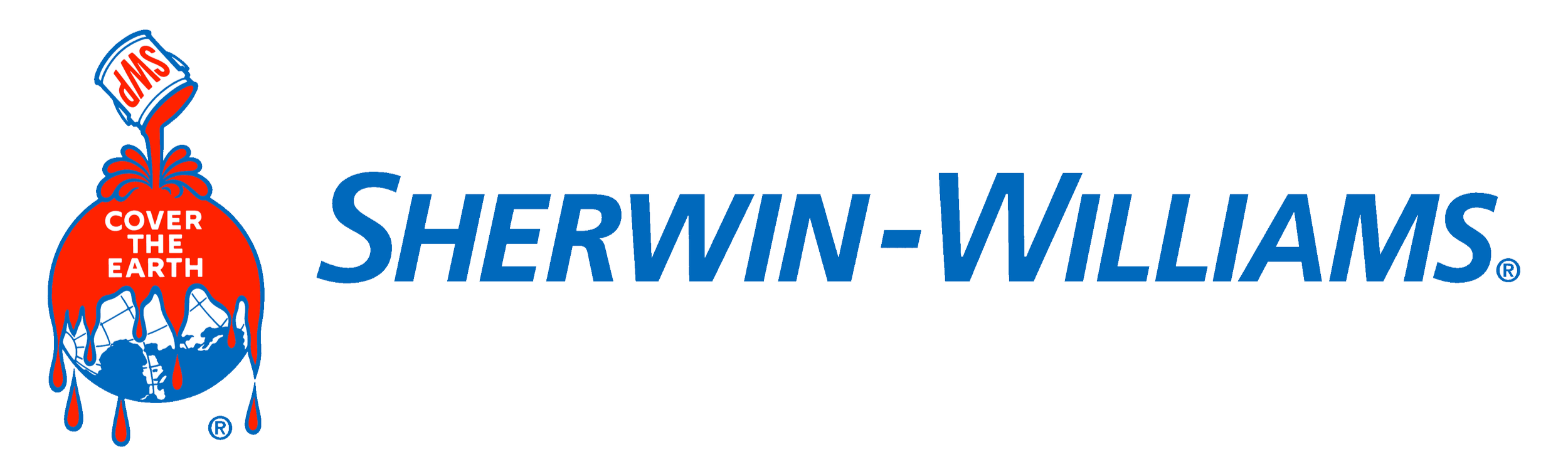 Sherwin-Williams logo with a paint can pouring red paint over a globe, with the slogan 'Cover the Earth' and the company name in blue text.