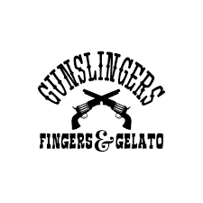 Logo for Gunslinger Fingers & Gelato featuring crossed guns and text