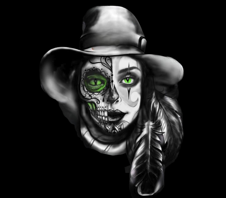 Artwork of a woman with one half of her face as a sugar skull with green features and the other half as a normal woman with green eyes, wearing a wide-brimmed hat and feathers.