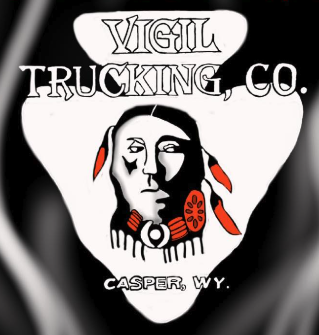 Logo for Vigil Trucking Co. based in Casper, Wyoming, featuring a stylized Native American face with red and black details and the text 'Vigil Trucking Co.' and 'Casper, WY'.