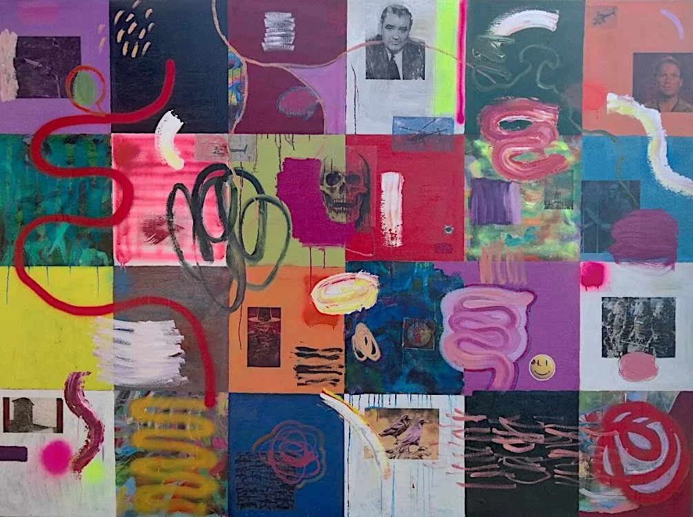 Room 104, 2025, Oil, acrylic, spray paint, photo transfer, marker pen, sticker on canvas 72 × 96 inches