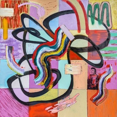 Max Presneill, SNAFU 43, 2025, Oil, acrylic, spray paint, photo transfer, sticker on canvas, 36 x 48 inches