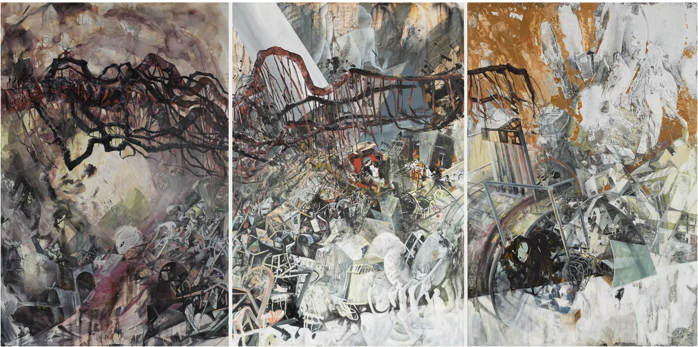 Meeting the Rabbit, 2016 -18, Oil, handmade paper and pigment on wood panel, 144 x 72 inches