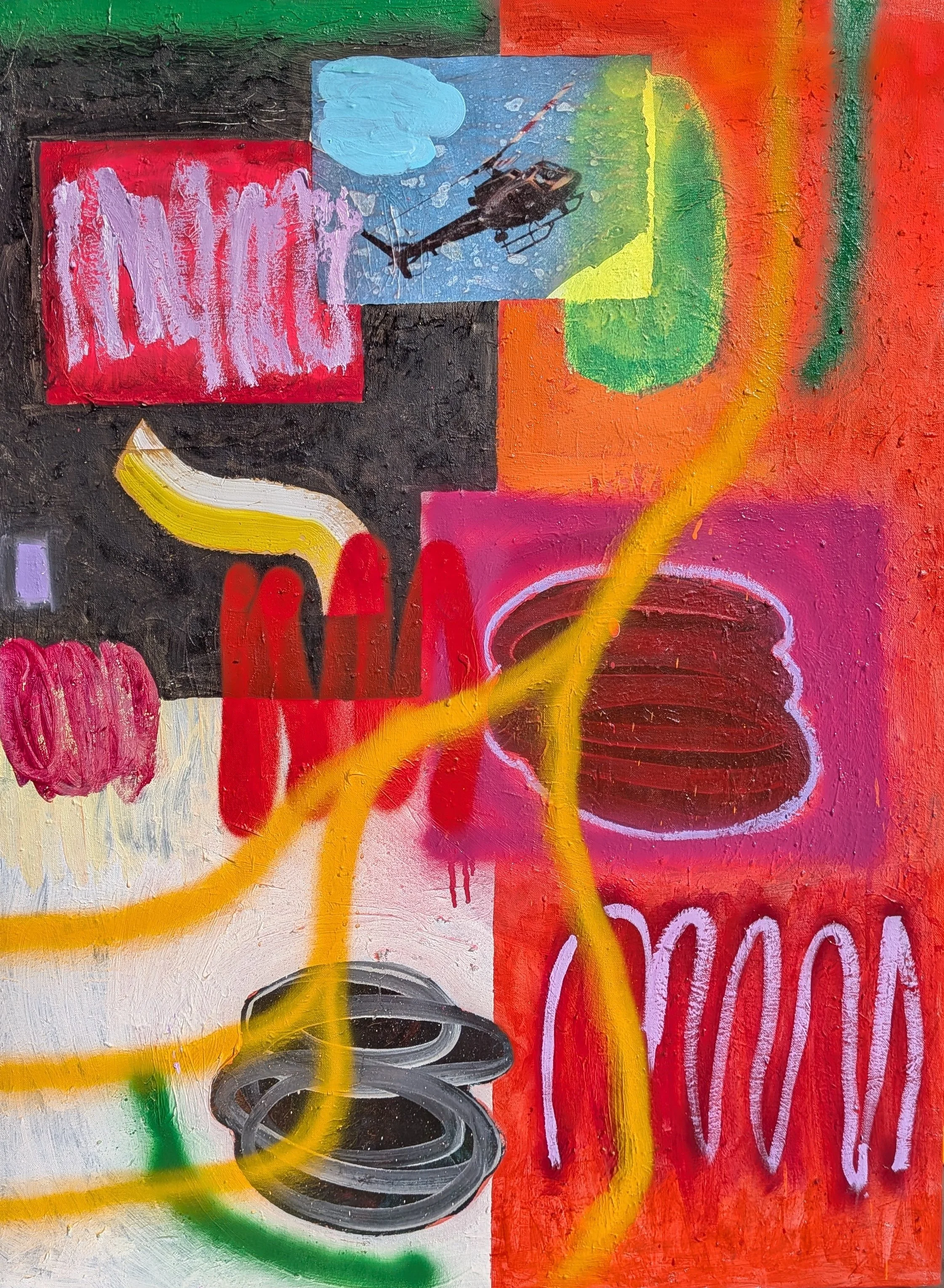 Parallax 39, 2025, Oil, acrylic, spray paint, photo transfer on canvas, 40 x 30 inches