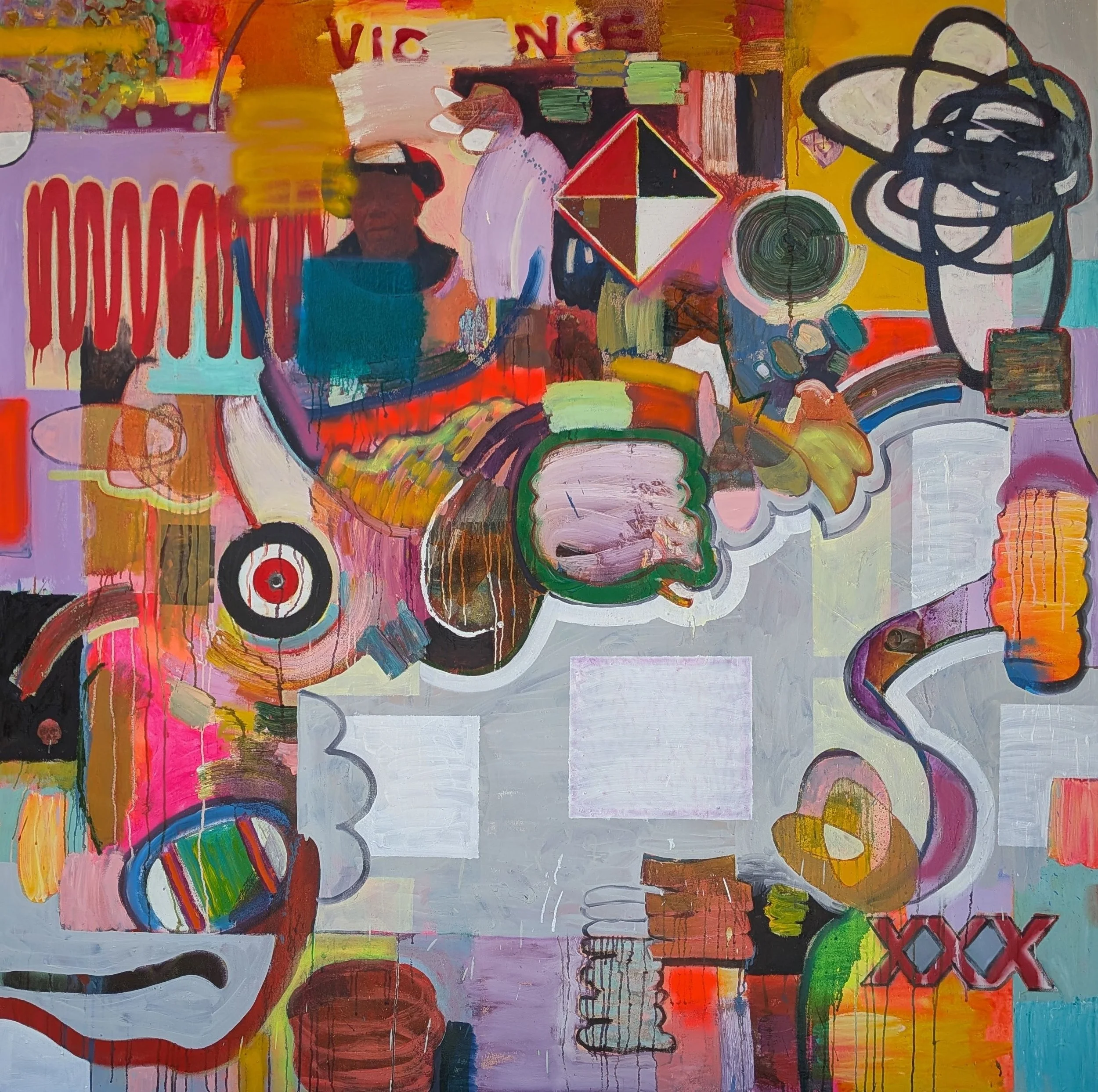 Parallax 12 OUTLAW, 2026, oil, acrylic, spray paint, photo transfer on canvas, 72 x 72 inchess