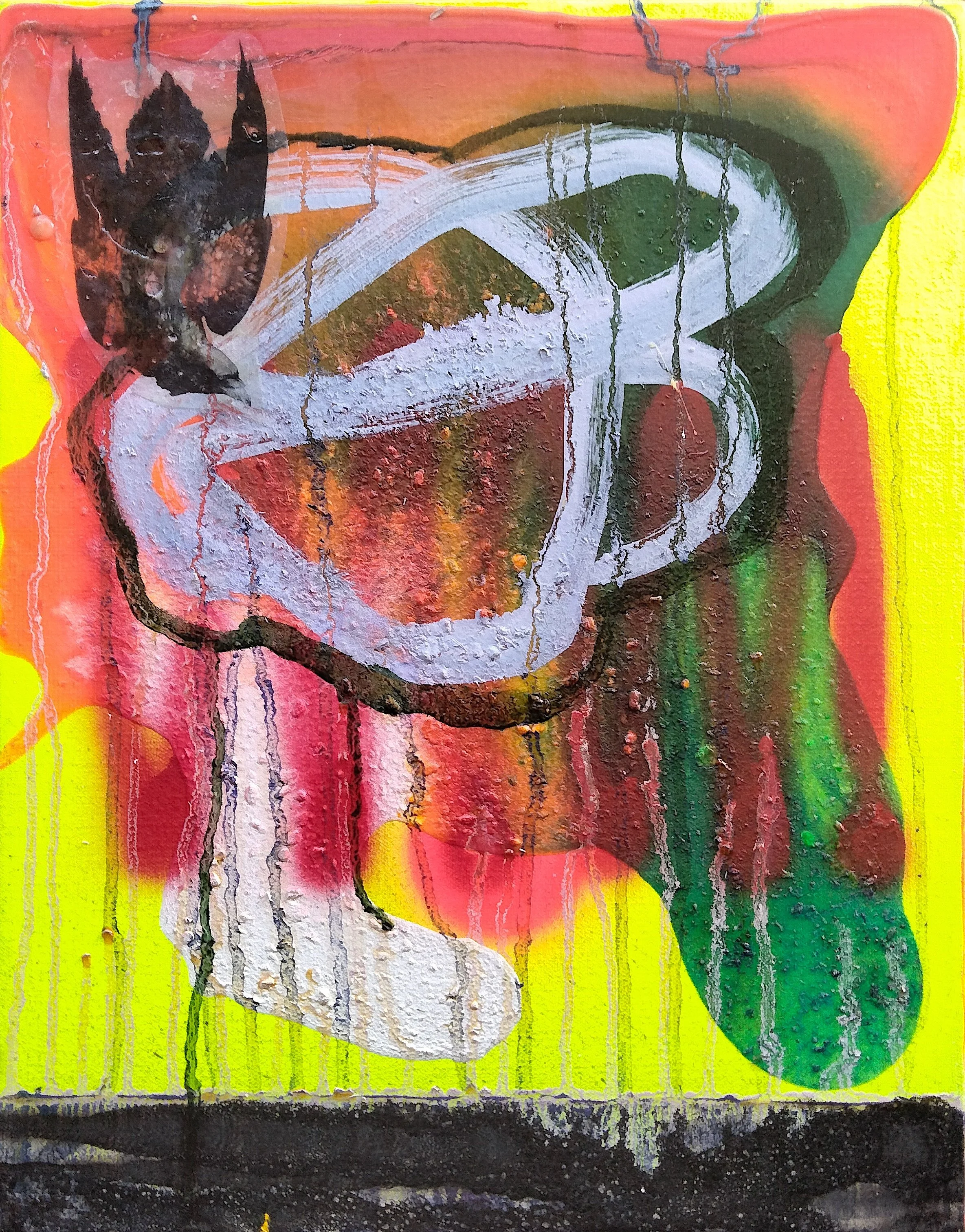 The Death of Munnin (Outsider Series), 2024, All oil, acrylic, spray paint, photo-transfer on canvas, 14 x 11 inches
