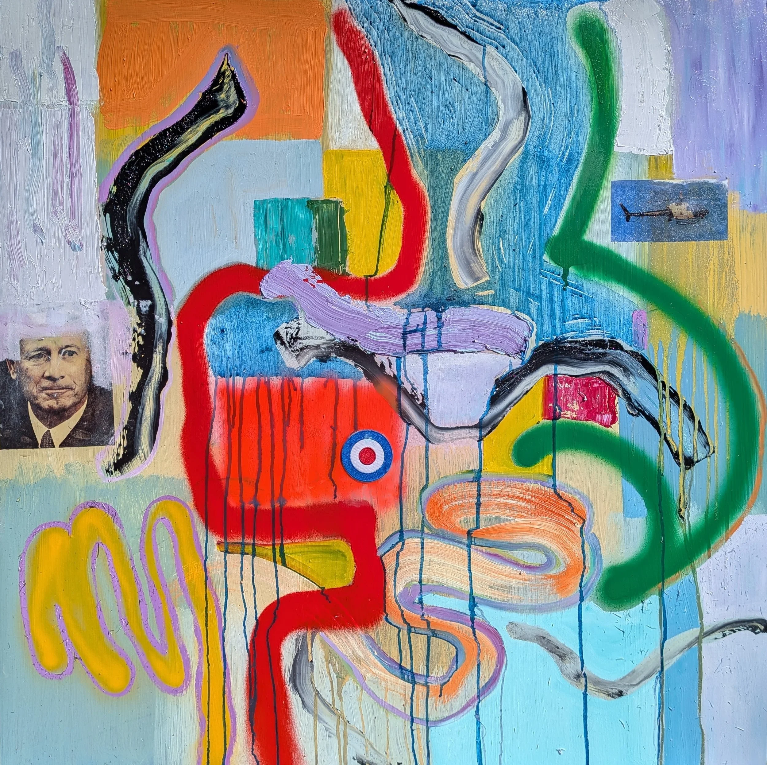 Fear & Loathing in Los Angeles #5, 
2025, Oil, acrylic, spray paint, photo-transfer, sticker, on canvas, 36 x 36 inches
