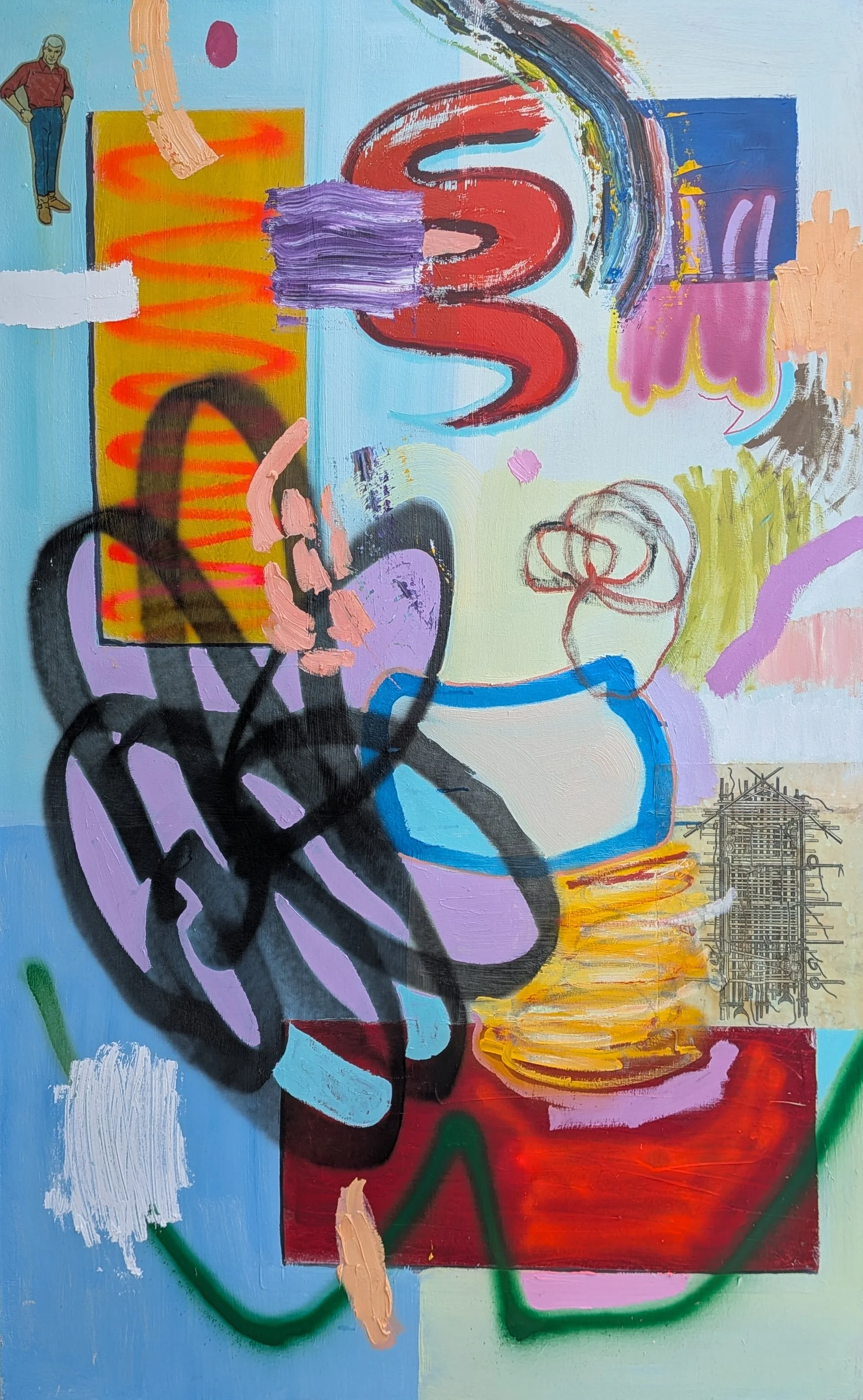 SNAFU 4, 2025, Oil, acrylic, spray paint, photo-transfer, sticker, on canvas, 58 x 36 inches
