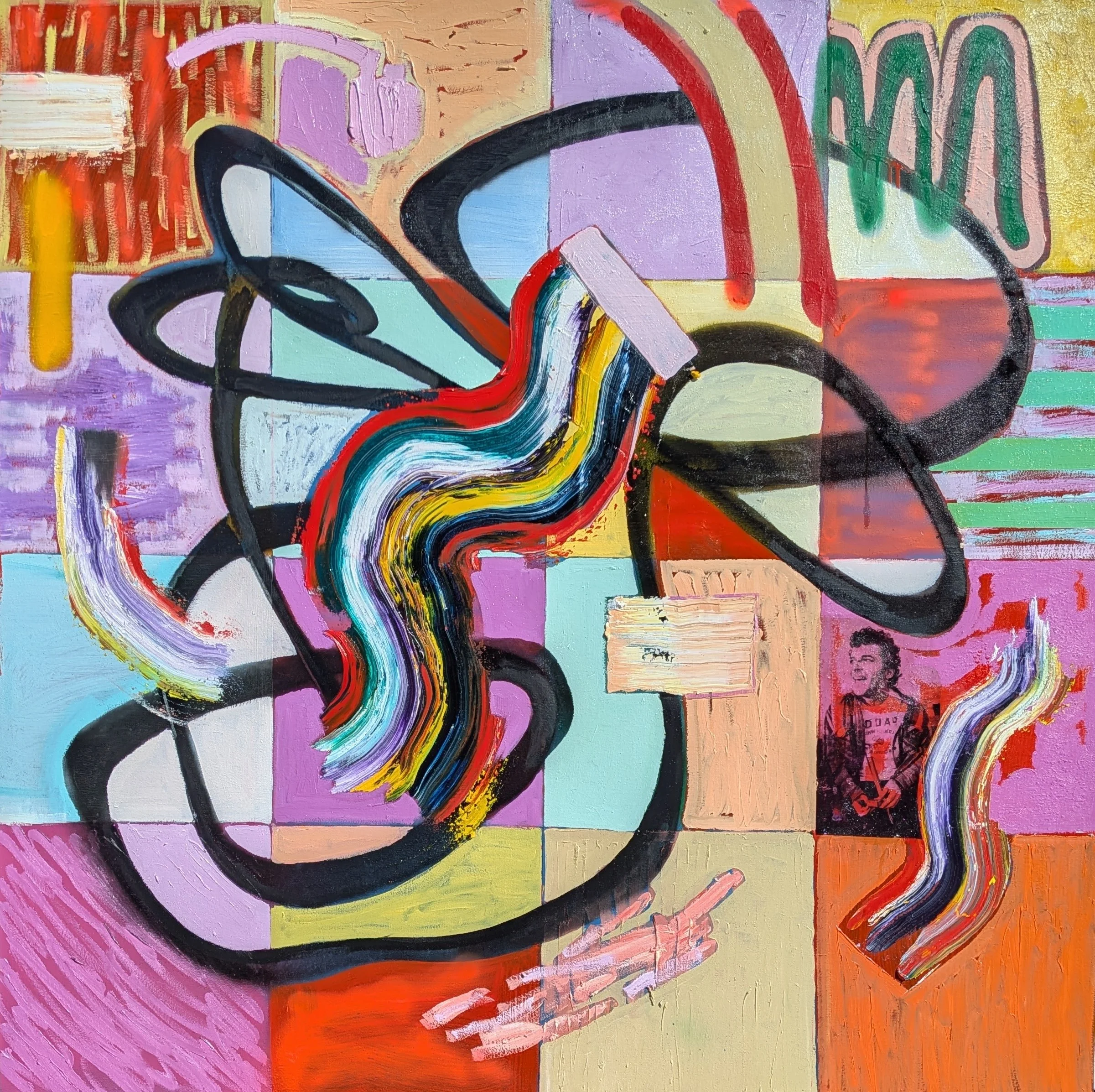 Fear & Loathing in Los Angeles #3, 2025, Oil, acrylic, spray paint, photo-transfer, on canvas, 48 x 48 inches
