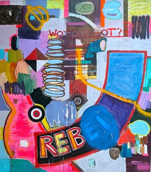 Max Presneill, Parallax 9 REBELLION, 2026, oil, acrylic, spray paint, photo transfer, duck tape on canvas over panel, 74 x 66 inches