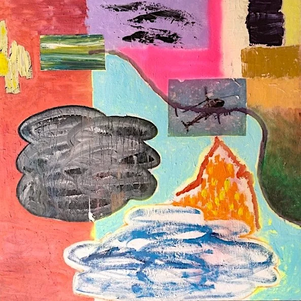 Parallax #37, 2025, oil, acrylic, spray paint, photo transfer on canvas, 36 x 36 inches
