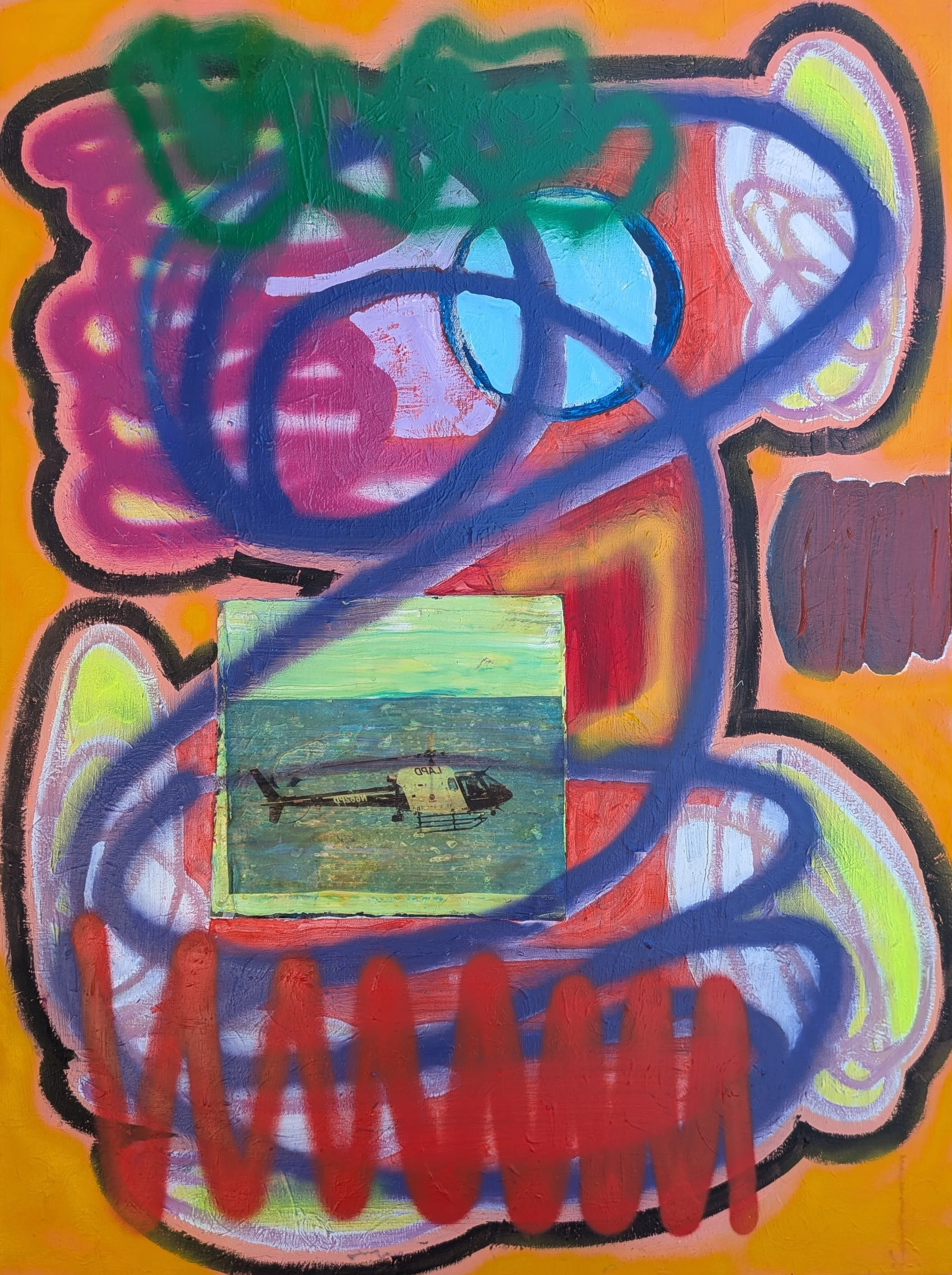 Parallax 38 2025, oil, acrylic, spray paint, photo transfer on canvas, 40 × 30 inches
