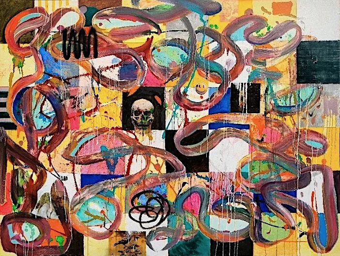 Room 101, Chaos to Come, 2025, Oil, acrylic, photo-transfer, spray paint, marker pen, sticker on canvas, 72 x 96 inches
