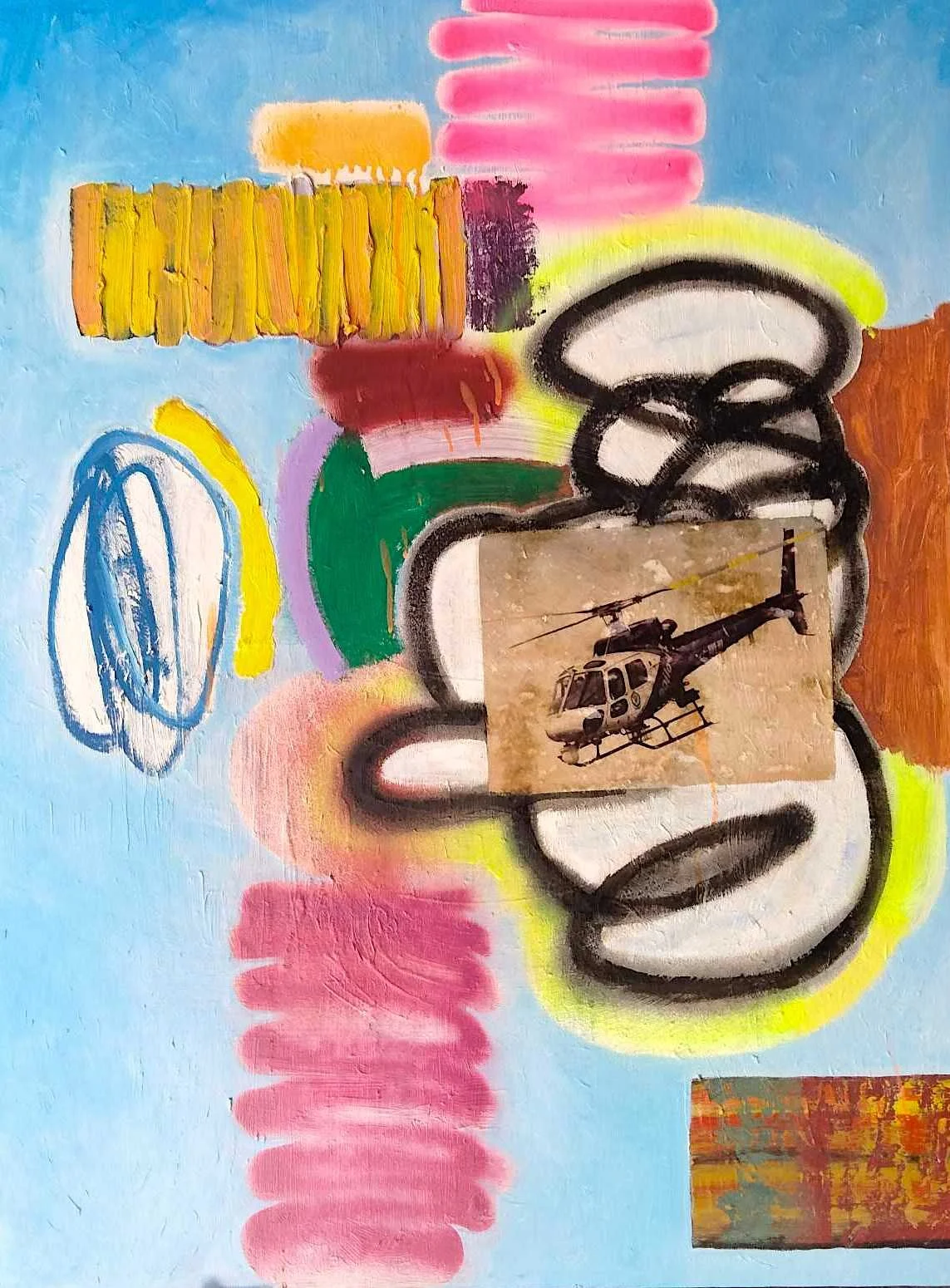 Parallax 40, 2025, Oil, acrylic, spray paint, photo transfer, on canvas, 40x30 inches