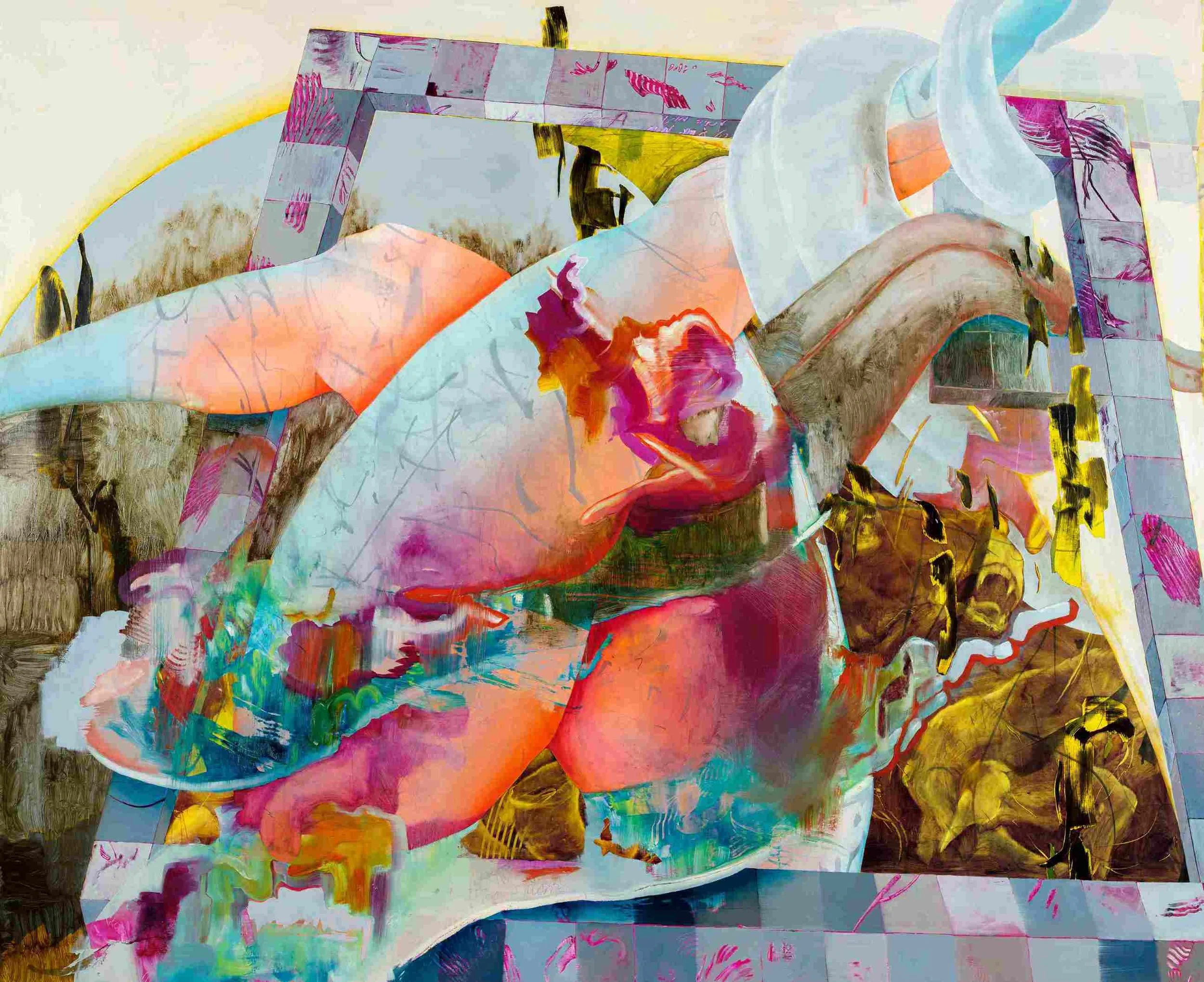 Staycation, 2025, Oil and acrylic on canvas, 82 x 74 inches