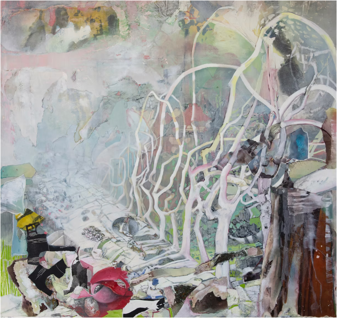 Finding Home, 2021, Oil and handmade paper on canvas, 44 x 44 inches