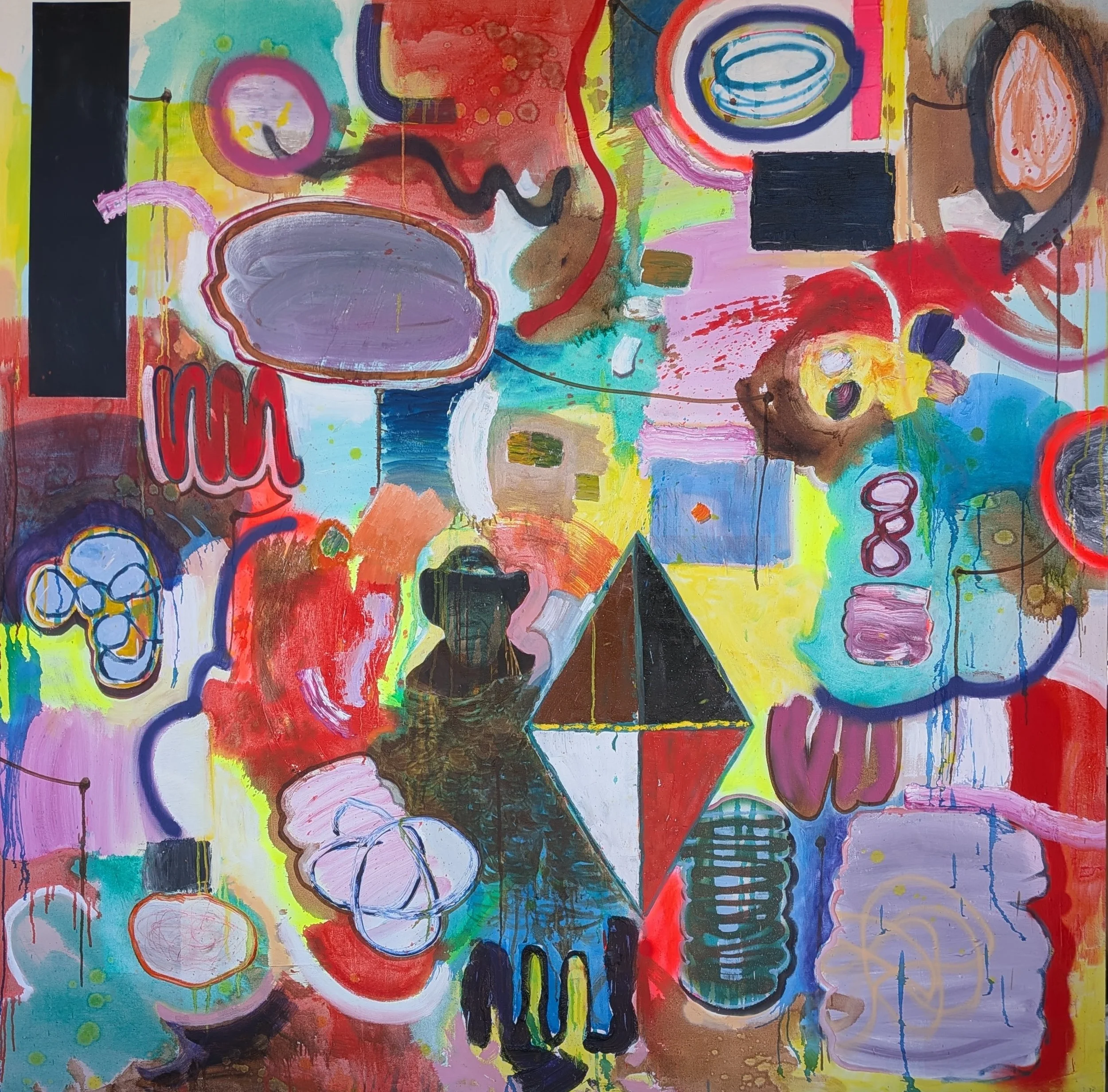 Parallax #11 (BRUV), 2026, oil, acrylic, spray paint, photo transfer, duct tape, plastic tape on canvas over panel, 72 x 72 inches 

