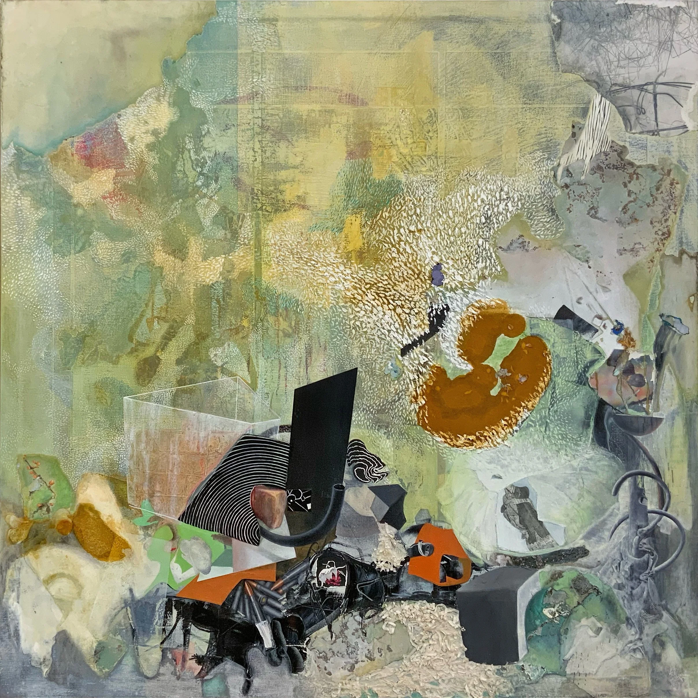 Pique-nique Dans le Jardin, 2023, Oil and handmade paper on canvas, 47 x 47 inches