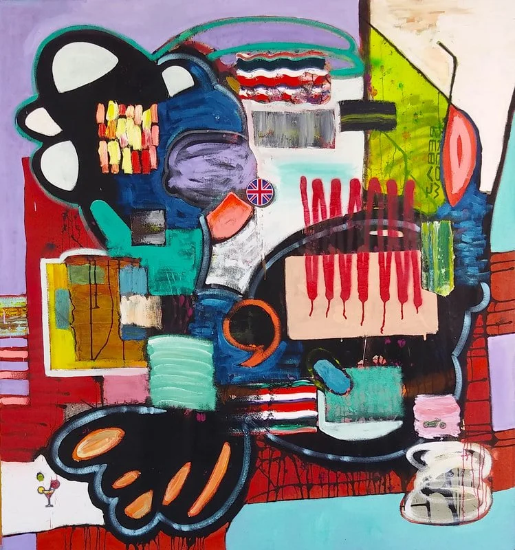 MiT#43. 2018. oil, enamel, plastic sticker, patches on canvas. 58 x 54 inches..jpg