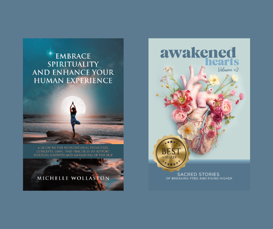 Two book covers on a gray background. The left book cover titled "Embrace Spirituality and Enhance Your Human Experience" features a person practicing yoga on a rocky beach during sunset with the moon in the sky. The right book cover titled "Awakened Hearts Volume 2" features an anatomical heart surrounded by various pink and white flowers, with a gold "Best Seller" badge and the subtitle "Sacred Stories of Breaking Free and Rising Higher."