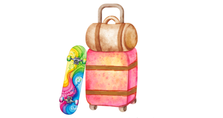 Illustration of a suitcase and skateboard symbolizing travel for digital nomads needing apostille services.