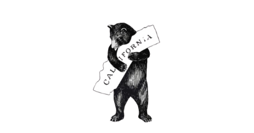 Illustration of a black bear standing upright and hugging the shape of California.