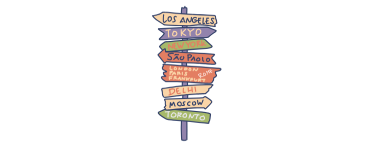 Hand-drawn colorful signpost with arrows pointing to cities like Los Angeles, Tokyo, New York, São Paulo, London, Paris, Delhi, Moscow, and Toronto
