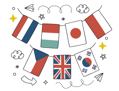 Illustrated garland of international flags—including the Netherlands, Hungary, Japan, Poland, Czech Republic, United Kingdom, and South Korea—surrounded by small doodles of stars, clouds, and arrows.
