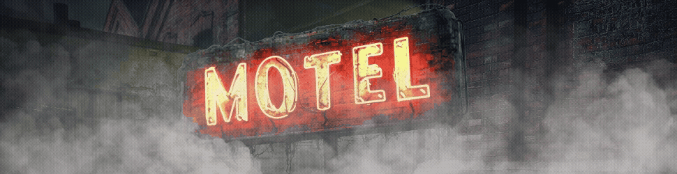 Seedy "Motel" neon sign with smoky, decapitated building background