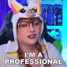 Girl in ridiculous cat hat "I'm a professional" gif.