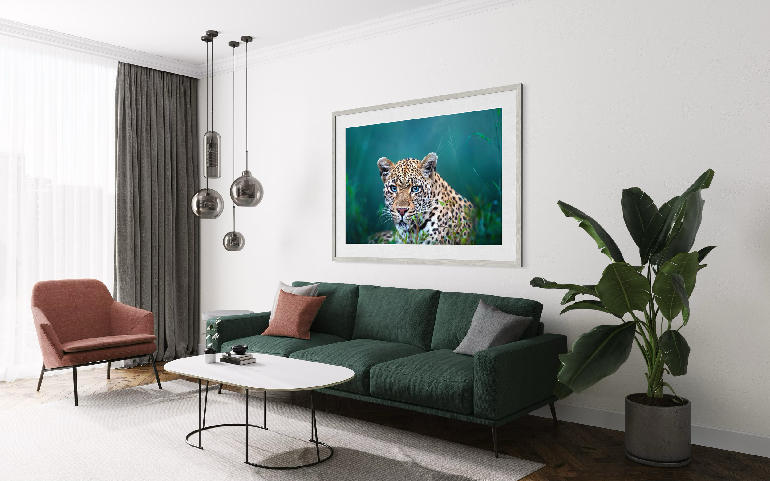 Ol’ Blue Eyes leopard print displayed in a contemporary interior
