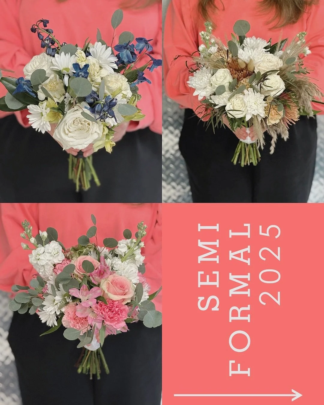 Hope everyone had the best time at Semi-Formal last night! 💃✨ We loved designing your bouquets &mdash; here are a few that walked right out our door and hit the dance floor. Thanks for letting us be part of your night Stillwater! 🌸🪩